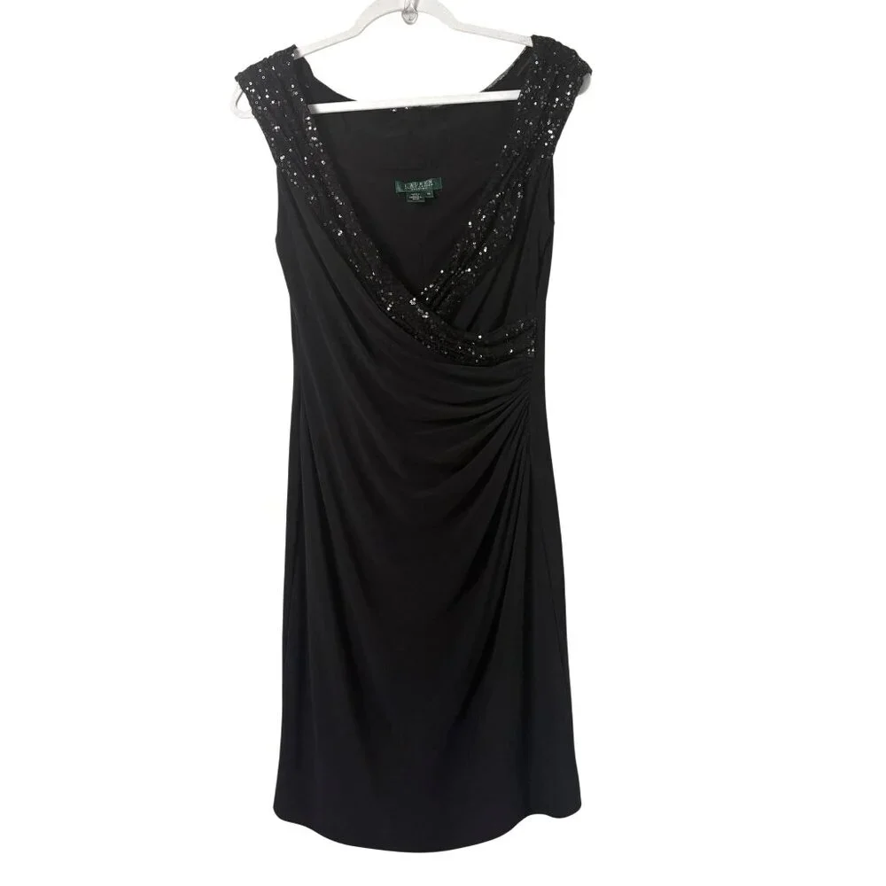 Lauren Ralph‎ Lauren Evening Sequin Cocktail Dress Size 10 Black Ruched Sheath